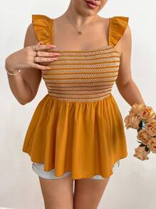 Flirla Plus Size Women's Boho Solid Color Patchwork Minimalist Casual Blouse, For Summer - Yellow - View 4