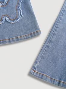 SHEIN EZwear 女式蓝色牛仔喇叭牛仔裤，休闲紧身弹力，春季女装 - 藍色 - 查看 4