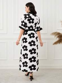 Lacomfia Women's Woven Printed Contrast-Color Button Waist Long Sleeve Dress - Black - View 2