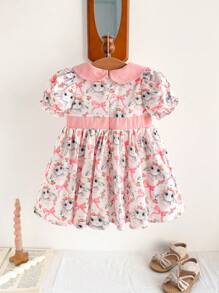 Cozy Pixies Baby Mädchen Kleid mit Cartoon Hase Muster, Puffärmel, Taillenzug