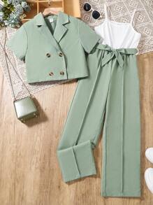 Tween Girl Collared Short Blazer & Jumpsuit 2 Pieces Outfit, Elegant For Commuting - Green - View 1