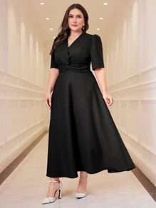 Modelyn 大码女式纯色泡泡袖扭腰优雅连衣裙 - 黑色 - 查看 6