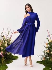 Modelyn Women's Solid Color Stand Collar Long Sleeve Front Tie Simple Casual Dress