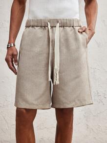 SHEIN X ELOISA & ORSON AKNOTIC Party Pantalones cortos casuales rectos y holgados de color caqui con cinta de contraste tejida, adecuados para uso diario y vacaciones, primavera/verano
