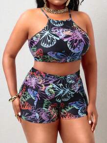 SHEIN Slayr CURVE Summer Plus Size Women 2pcs Bikini Set, Butterfly Print Halter Backless Criss-Cross Wide Strap Bikini Top And Ruched Waist Bottom With Pocket