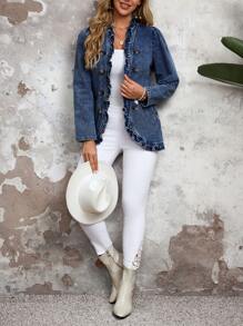 EMERY ROSE 女式秋季长袖双排扣荷叶边牛仔夹克