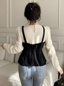 DAZY 女士休闲撞色拼布长袖衬衫，秋季女装