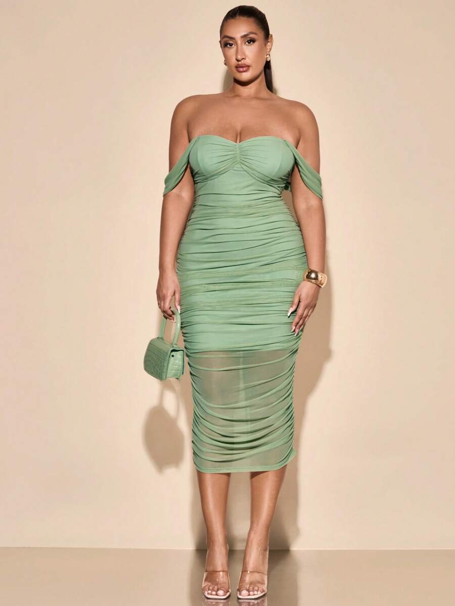 SHEIN BAE Plus Size Women Off Shoulder Green Mid-Length Dress, Suitable For Casual, Outing, Date, Afternoon Tea, Vacation, Spring/Summer, Spring Outfits For Women, Summer/Summer Outfits For Women, Festival/Concert Outfit Women/Rave Outfits Festival/ Rave Outfits/, Spring Break Outfits, Graduation Dress, Graduation Dress, Mesh Dress - Green - View 1