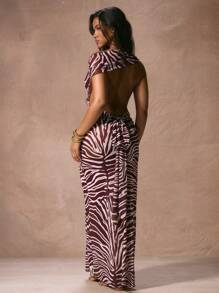 Musera Resort Asymmetric Neck Short Sleeve Print Chiffon Fitted Maxi Cover Up Beach Dress Swim Vacation Spring Summer Elegant Sexy Beach Resort Ibiza Swim Acai Fall Winter