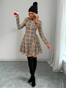SHEIN LUNE Robe mini évasée à col rond avec imprimé à carreaux, élégante et décontractée, convenant pour l'automne/hiver