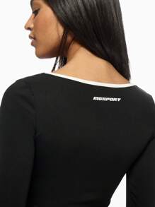 MISSGUIDED Contrast Piping Long Sleeve Crop Top Workout Training Athletic Yoga Dance Studio Performance Fitness Activewear Slim Fit Stretchy Fall Winter Spring - Black and White - View 6
