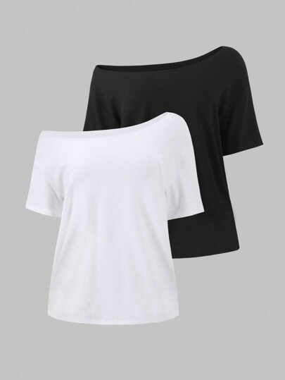 Sweetra 2pcs/Set Oblique Shoulder Loose T-Shirt, Oversized Off-Shoulder