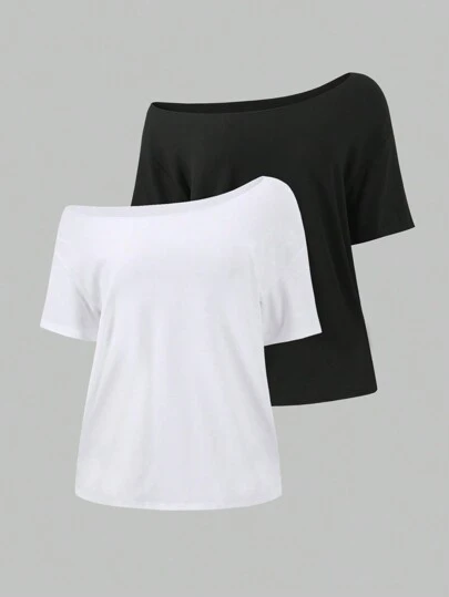 Sweetra 2 Stücke/Set locker geschnittenes Off-Shoulder Oversized T-Shirt
