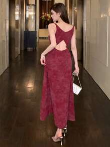 DAZY Damen elegantes Kleid mit drapiertem Ausschnitt, ärmellos, knielang, Abendkleid, Sommerkleid, Rot - Bordeaux - Übersicht 2