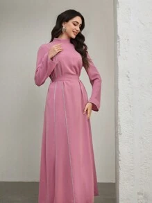 Graceveil Elegant Lace Trim Stand Collar Arabic Style Dress