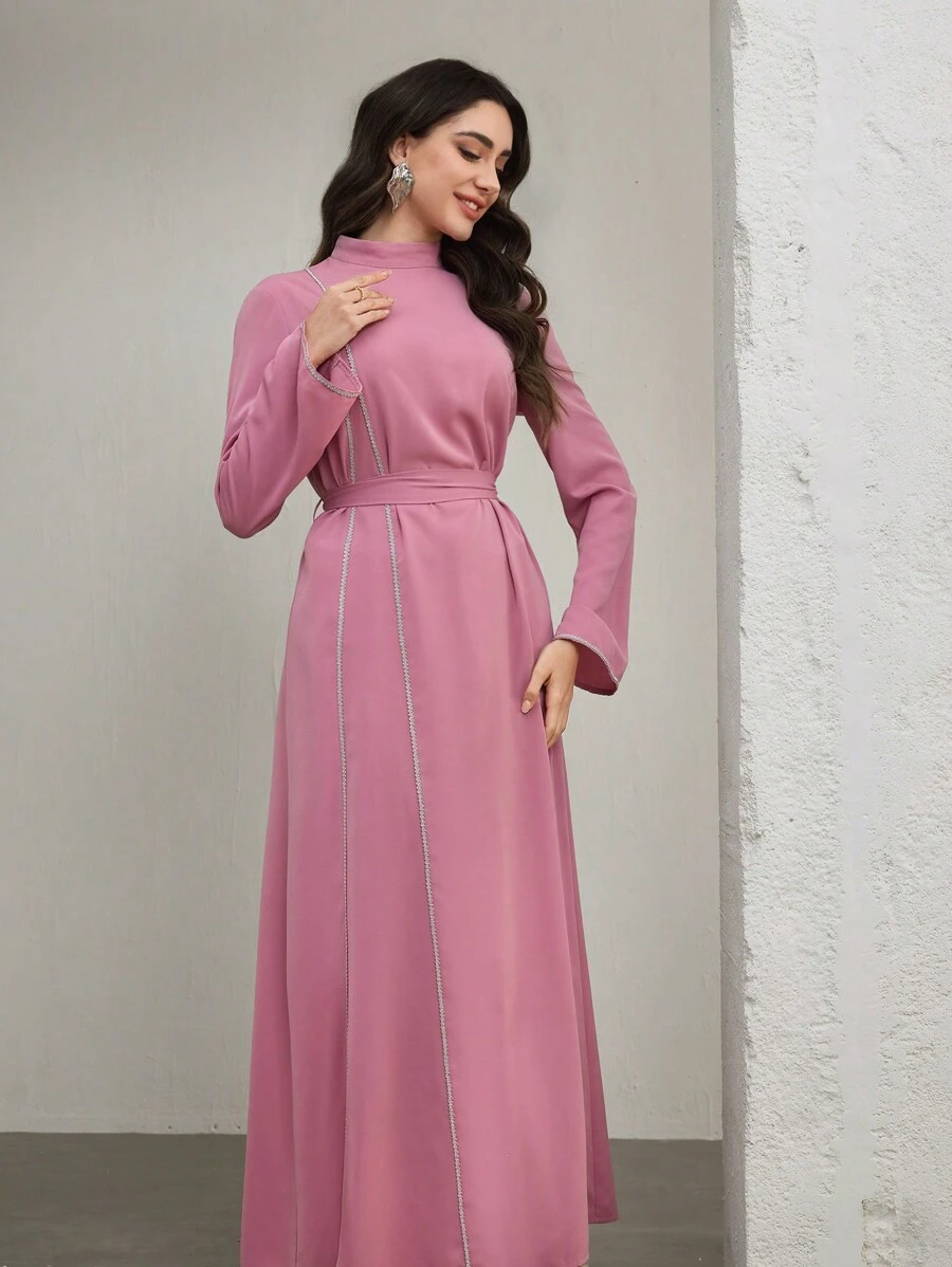 Graceveil Elegant Lace Trim Stand Collar Arabic Style Dress