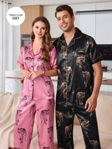 CoupledUp Conjunto de pijama para hombres con top y pantalones de estampado de leopardo de satén
