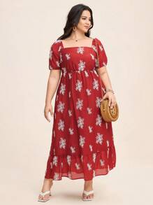 SHEIN LUNE Plus Size Women Floral Print Square Collar Short Sleeve Elegant Dress Red And White,Summer,Boho,Vacation,Holiday Sun Dress Birthday Gown Work Clothing - Red - View 6