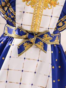 Vestido de mangas cortas con volantes y estampado geométrico tradicional para niña preadolescente, para usar en fiestas, festivales o Ramadán