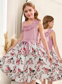 SHEIN Tween Girls Casual Ruffled Multi-Layer Oblique Shoulder Cropped Top And Floral Print A-Line Skirt 2 Pieces Set, Sweet Princess Style, Suitable For Spring Outing, Flower Girl Dress - Pink - View 1