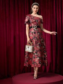Modelyn Vestido de manga larga con decoración de flores 3D, hombro asimétrico y hilos dorados jacquard elegante para mujer