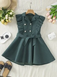 Girls' Formal Dress, Waist Cinched, Double Breasted, Sleeveless, Green Belt, Suit Style Collar, Commuting Wear, Suitable For Formal Occasions - Green - View 6