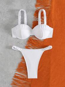 Swim Mod Women's Romantic Vacation Elegant Cute White Ruffled Removable Strap Padded Bikini Swimwear Set, For Summer Beach - White - View 3