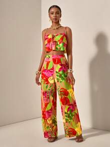 Zivah 2025 新款休闲度假宽松女士细肩带系带荷叶边下摆短上衣和阔腿裤两件套，花卉印花，夏季