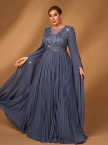 Serin Plus Size Elegant Luxurious Blue Embroidery Beading Stitching Chiffon Pleated A-Line Evening Dress, Mother Of The Bride