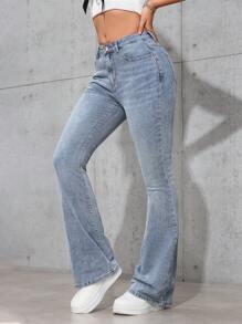 SHEIN Frenchy 女式口袋喇叭休闲百搭牛仔裤 - 中等水洗藍 - 查看 5