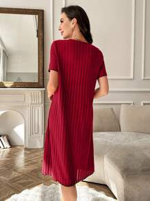 Women's Casual Heart Print Half-Zip Pieced Ruffle Hem Nightgown - Burgundy - View 2