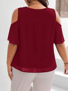 SHEIN Frenchy Plus Size Vacation Women's Summer Solid Color Open Shoulder Casual Casual Shirt, Short Sleeve - Burgundy - View 3