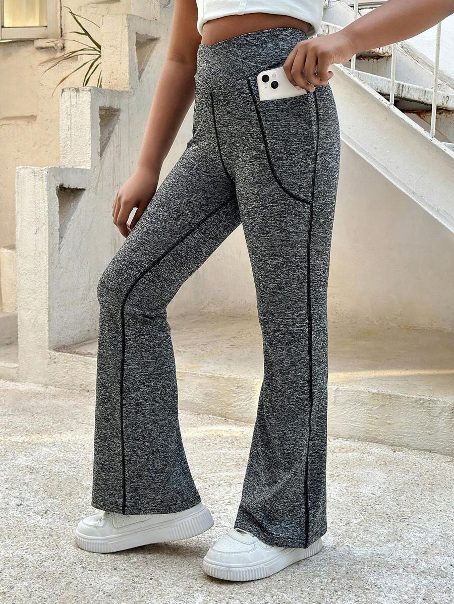 SHEIN Quần ống loe eo chữ thập ôm vừa vặn thoải mái cho bé gái tuổi mới lớn - Màu xám đen - Xem 1