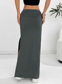 Comfortcana Relaxed Low-Rise Ruched Slit Pencil Skirt, Dark Gray - Grey - View 2