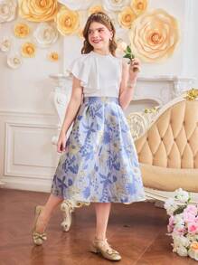2pcs/Set Tween Girls' Multi-Layer Organza Short Sleeve Blouse + Embroidered Dress Elegant Spring/Summer Outfit - White - View 5