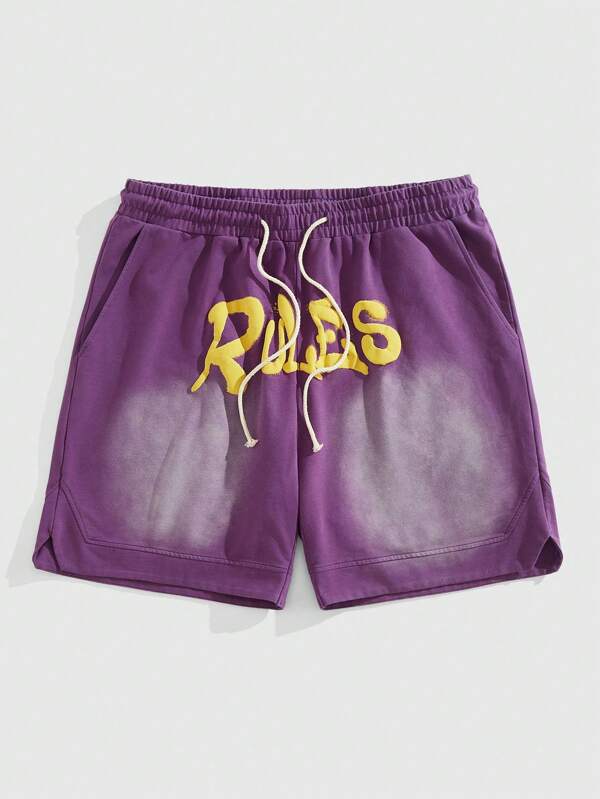 ROMWE MEN Street Life Men's Street Letter Print Front Tie Pocket Casual Shorts