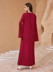 Al Najma 女士宽松镂空串珠直筒长袖优雅连衣裙 - 紅色 - 查看 2