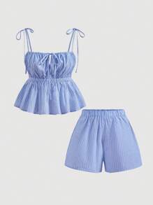 SHEIN MOD 女士方领条纹结饰吊带背心搭配高腰条纹短裤