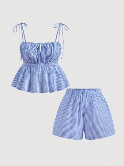 SHEIN MOD 女士方领条纹结饰吊带背心搭配高腰条纹短裤