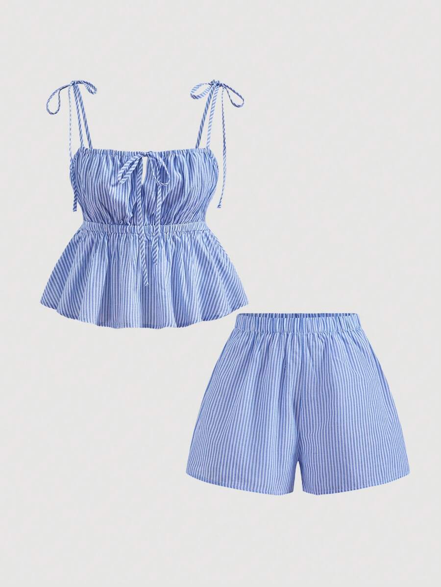 SHEIN MOD 女士方领条纹结饰吊带背心搭配高腰条纹短裤