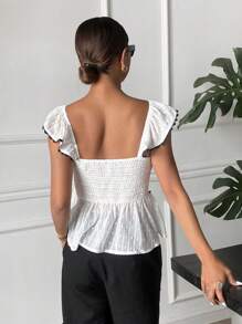 SHEIN Frenchy Women Floral Trim Cap Sleeve & Hem Blouse Summer Casual - Black and White - View 2