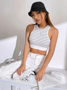 Muchica Summer Striped White Print Crop Tank Top White Tops - Light Grey - View 4