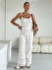 SHEIN Essnce Vacation Casual Solid Color Embroidery Patchwork Drawstring Waist Long Pants - White - View 7