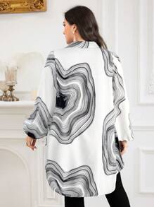 Modelyn Plus Size Women Striped Lantern Sleeve Casual Loose Blouse - White - View 2