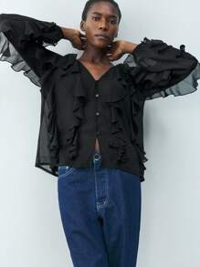 Maija Áo sơ mi ren nhiều lớp màu đen thanh lịch hiện đại mùa xuân và mùa hè mới dành cho nữ, tuyệt đẹp hàng ngày, giản dị, lãng mạn, kỳ nghỉ, thích hợp cho các buổi tiệc ngoài trời, khách dự tiệc cưới, phong cách quý tộc cổ điển, ngày lễ tình nhân, trang phục nữ thập niên 90, lễ hội âm nhạc Bohemian - màu đen - Xem 6