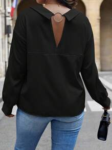 Elenzga Áo sơ mi dài tay đơn giản cài nút màu trơn cỡ lớn dành cho nữ mặc hàng ngày - màu đen - Xem 3