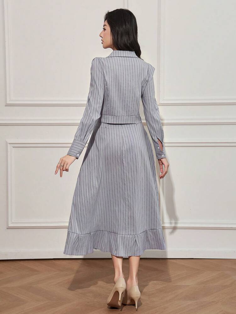 2pcs/Set Women Striped Puff Sleeve Blouse And Skirt Set Work Women Clothes,Fall Women Clothes