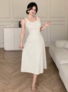 DAZY U领无袖格子长连衣裙，女士舞会礼服，吊带裙，休闲女装，优雅女装 - 米色 - 查看 9