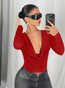 SHEIN ICON Women's Simple Long Sleeve Metallic Shiny Sexy Plunging Neckline T-Shirt