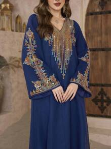 Layrah 高级女士优雅刺绣连衣裙，端庄 - 寶藍色 - 查看 1